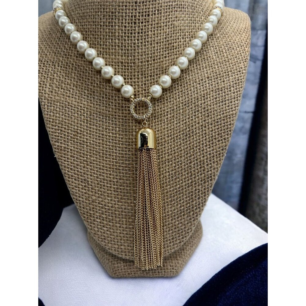 Ann Taylor Gold Tone Faux Pearl Tassel Necklace Clear Rhinestones 29" Long